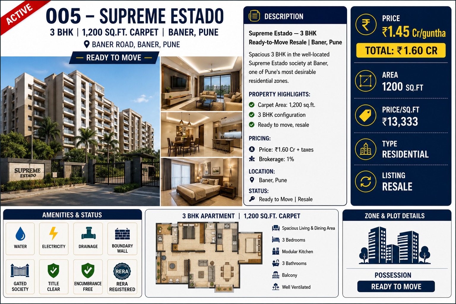 005 – Supreme Estado | 3 BHK | 1,200 Sq.Ft. Carpet | Baner, Pune | Ready to Move